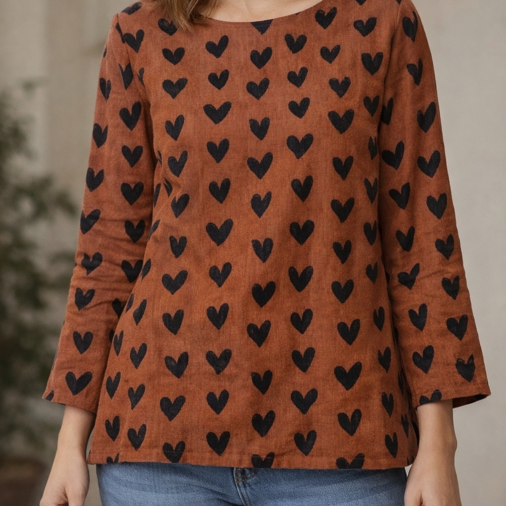 Women's Rust Heart-Print Long Sleeve Tee